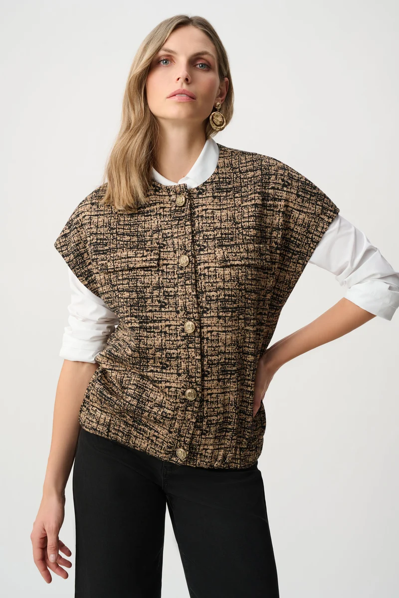 Joseph Ribkoff Jacquard Knit Bomber Vest 263128 - Black/ Beige
