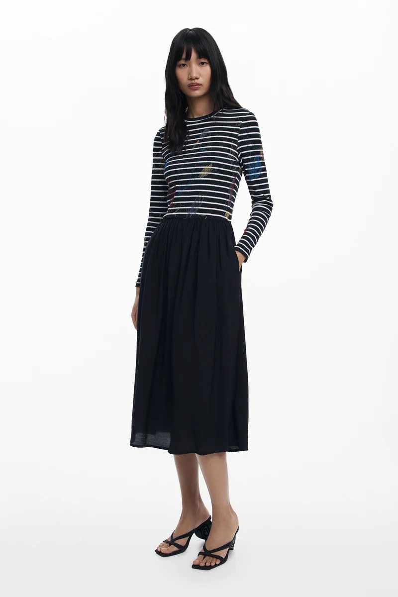 Desigual Striped Combined Dress - Black/ White