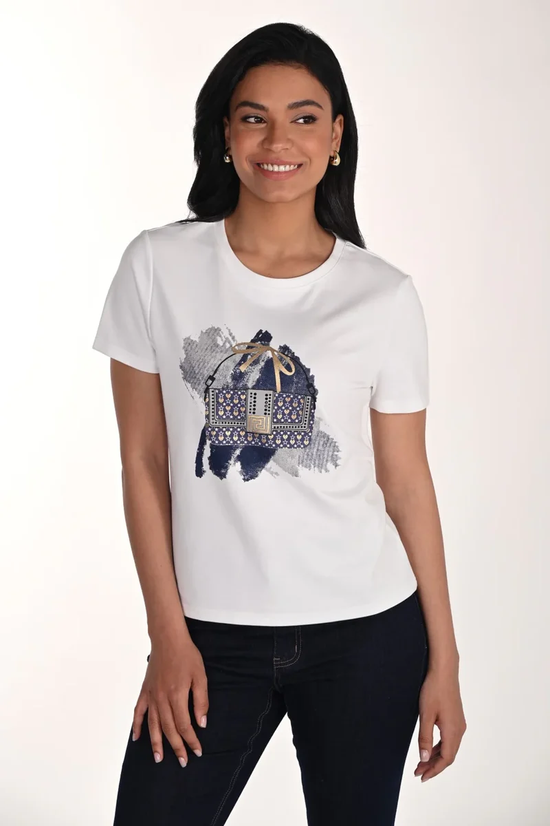 Frank Lyman Embelished Handbag Motif T'Shirt 266583 - Off White/ Navy