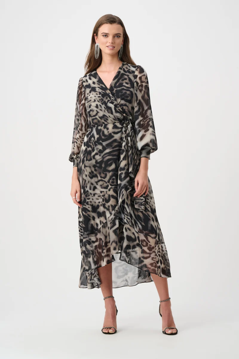 Joseph Ribkoff Signature Chiffon Printed Fit & Flare Dress 263739 - Grey/ Multi