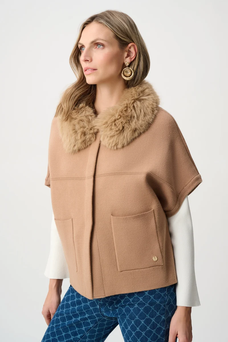 Joseph Ribkoff Knit Jacket With Fur Collar 263949 - Camel