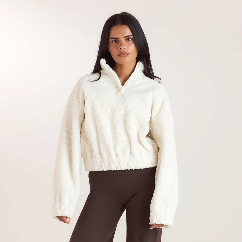 Teddy-Fleece jacka med polo & dragkedja - Krämfärgad
