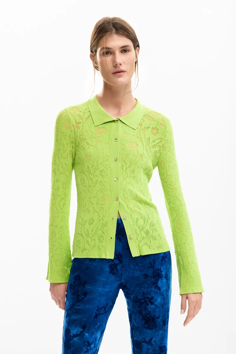 Desigual Embossed Floral Print Top - Lime Green
