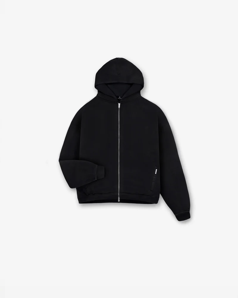 Initial Boxy Zip Through Hoodie - Jet Black