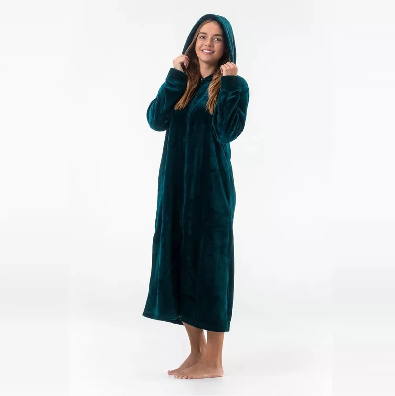 Morgonrock med Dragkedja & Luva för Dam – Extra Lång Fleece Morgonrock i Petrolgrön från Gaubert®