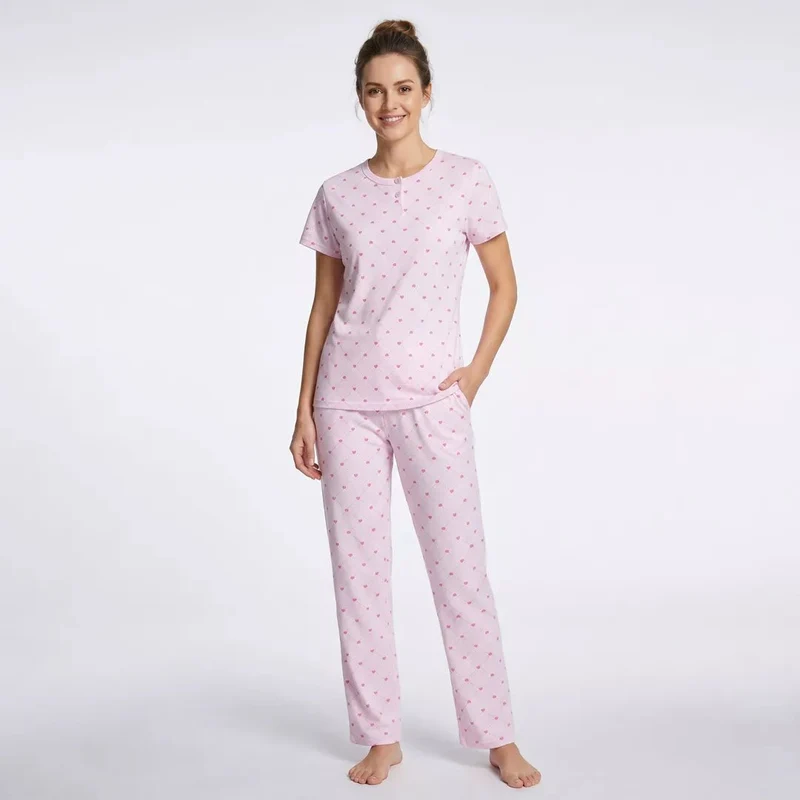 Pyjamas Dam 100% Bomull – Kortärmad Pyjamas med Hjärtmönster - Gaubert