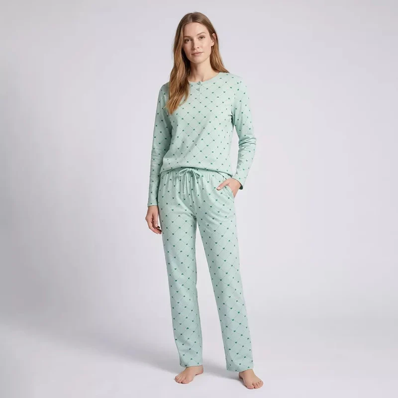 Pyjamas Dam 100% Bomull – Långärmad Pyjamas med Hjärtmönster - Gaubert