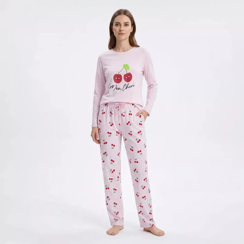 Pyjamas Dam 100% Bomull – Långärmad Pyjamas med Körsbärsmönster - Gaubert