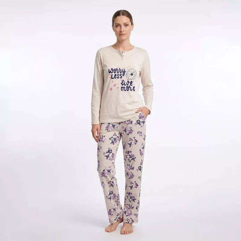 Pyjamas Dam 100% Bomull – Långärmad Pyjamas med Blommiga Byxor - Gaubert