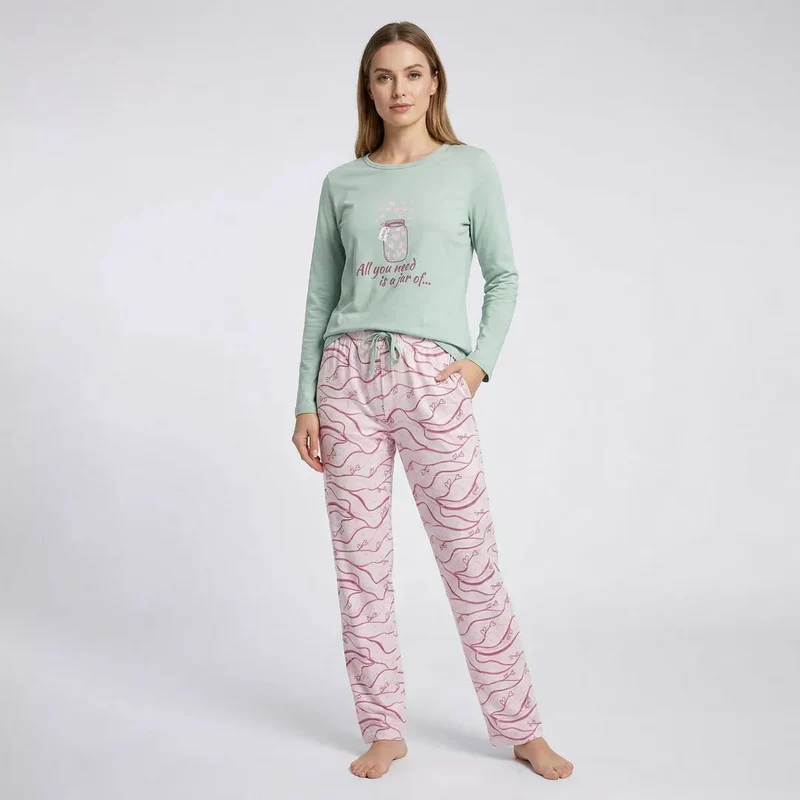Pyjamas Dam 100% Bomull – Långärmad Pyjamas med Lång Byxa - Gaubert
