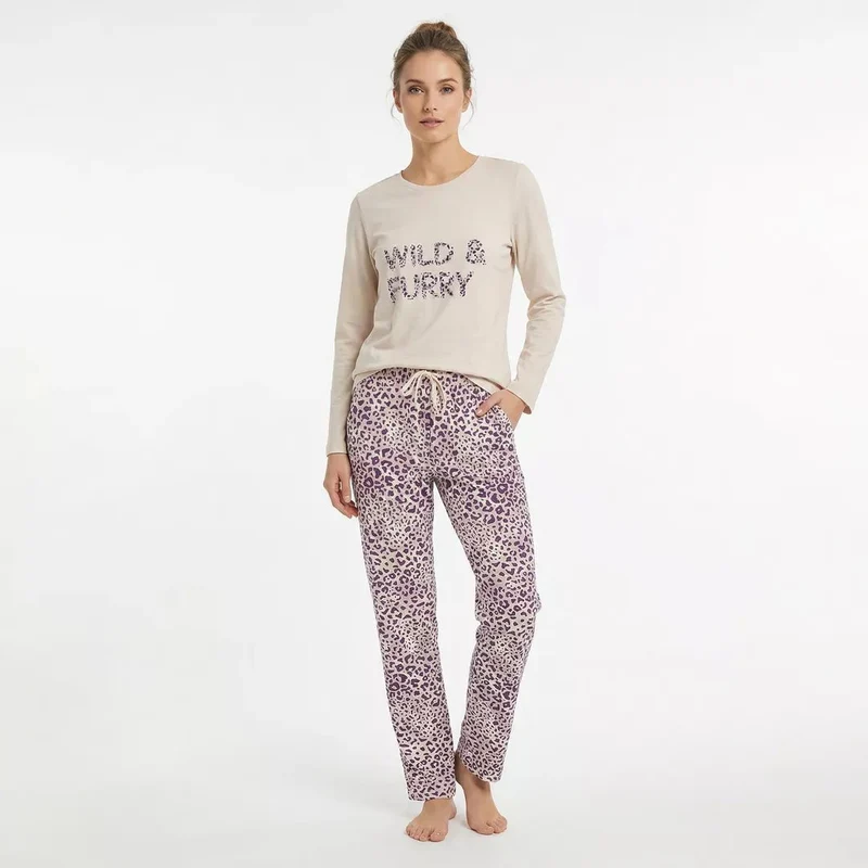 Pyjamas Dam 100% Bomull – Beige Långärmad Pyjamas med Leopardmönstrade Byxor - Gaubert