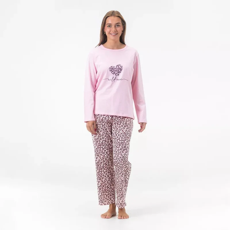 Pyjamas Dam 100% Bomull – Rosa Långärmad Pyjamas med Leopardmönstrade Byxor - Gaubert