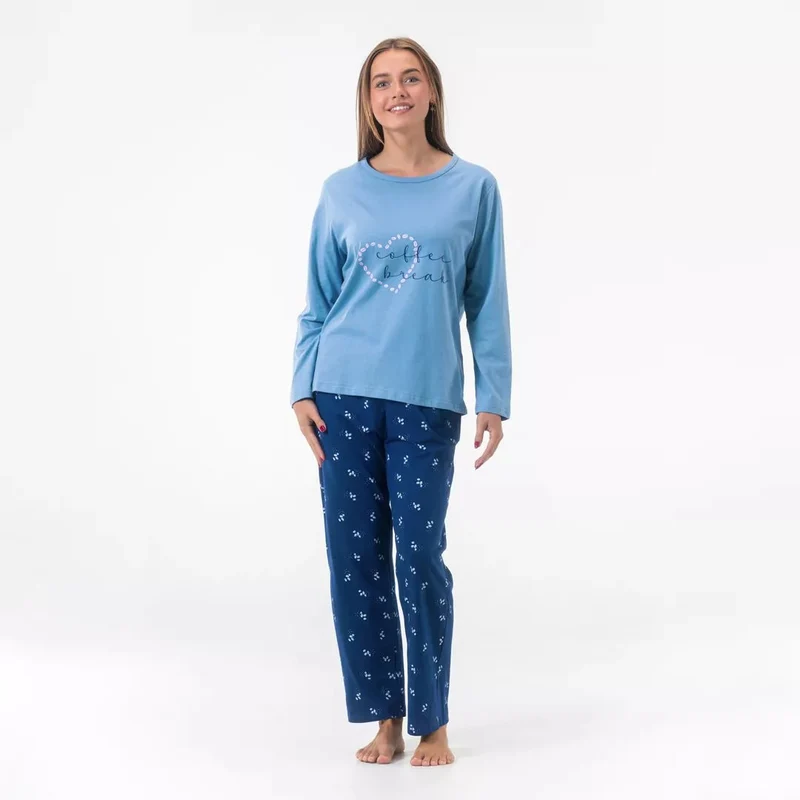 Långärmad Pyjamas Dam 100% Bomull – Blå "Coffee Break" - Gaubert