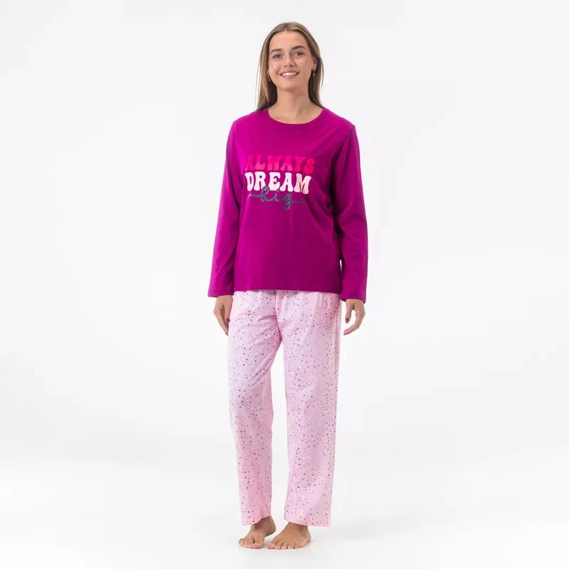 Långärmad Pyjamas Dam 100% Bomull – Rosa "Always Dream Big" - Gaubert
