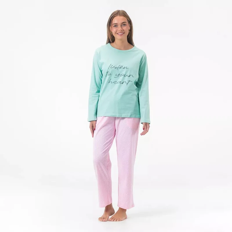 Långärmad Pyjamas Dam 100% Bomull – Mintgrön Tröja & Rosa Byxor