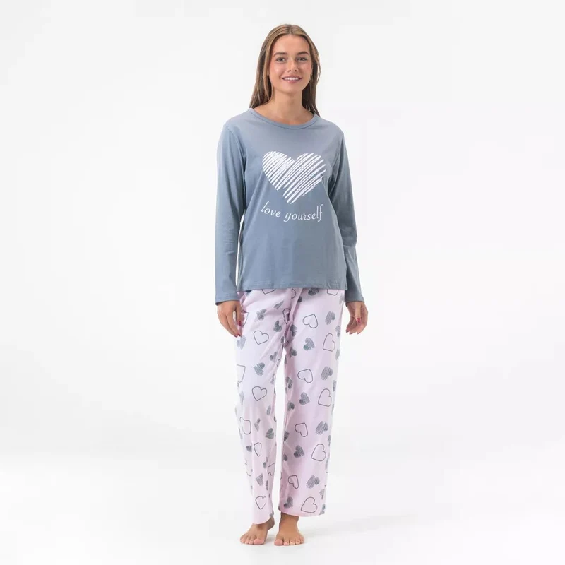 Pyjamas Dam 100% Bomull – Långärmad Pyjamas med Hjärtmönstrade Byxor Gaubert®