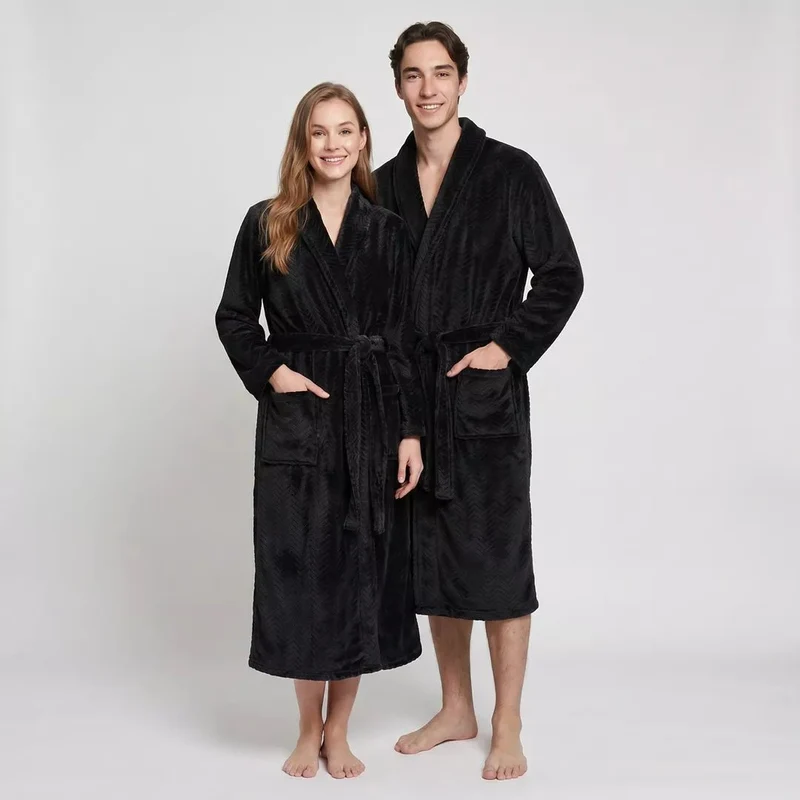 Svart Morgonrock Unisex – Lång Coral Fleece Morgonrock med Sjalkrage Gaubert®