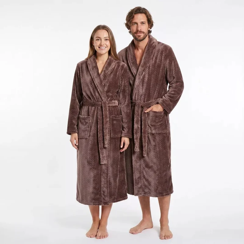 Kaffefärgad Morgonrock Unisex – Lång Coral Fleece Morgonrock med Sjalkrage Gaubert®