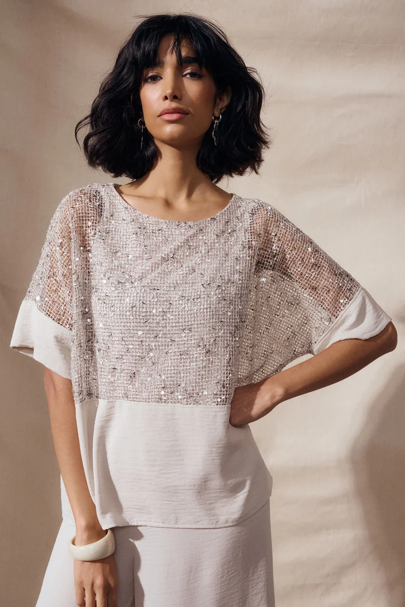 Joseph Ribkoff Mesh Boxy Top 262256 - Moonstone