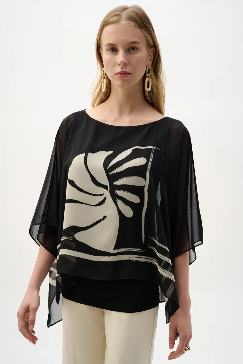 Joseph Ribkoff Tropical Print Poncho Top 262200 - Black/ Beige