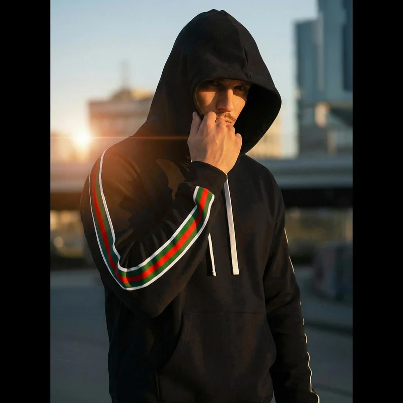 Svart hoodie herr - Sport Stripe - Regular fit
