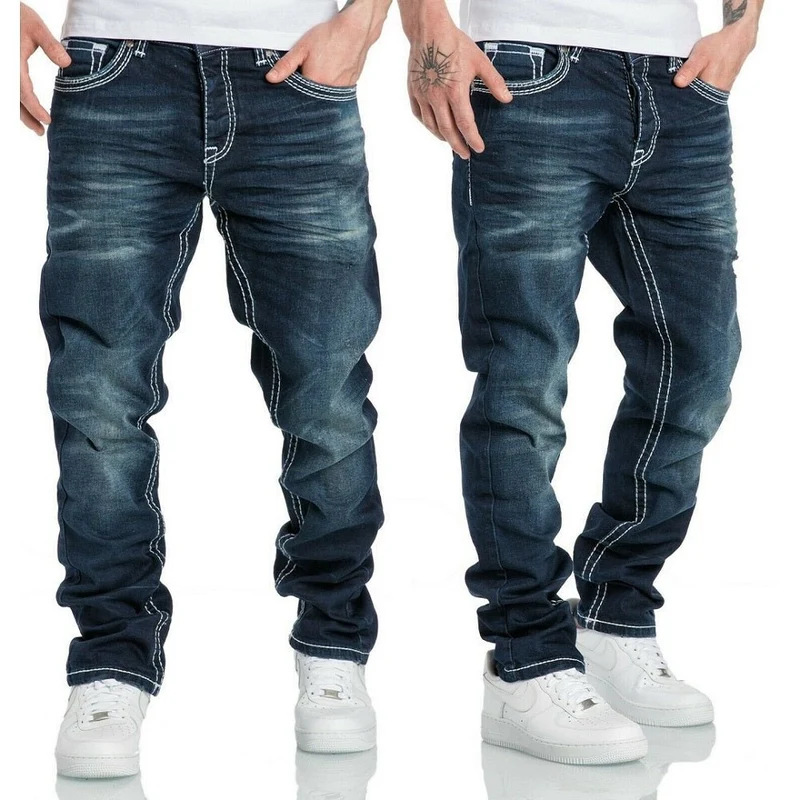 Mörkblå Jeans Herr regular fit tjocka sömmar