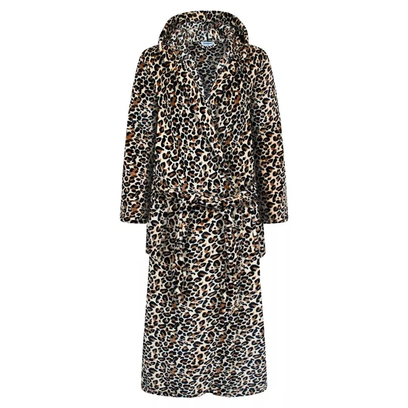Morgonrock Dam fleece och luva - Leopardmönstrad beige