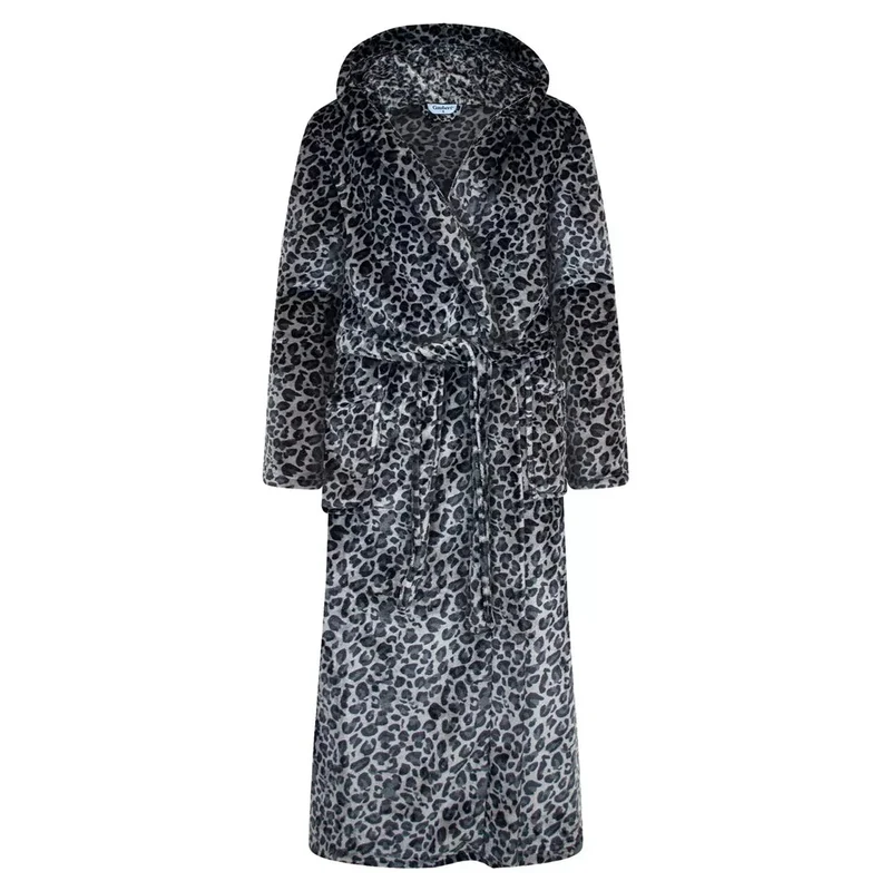 Morgonrock Dam fleece och luva - Leopardmönstrad svart