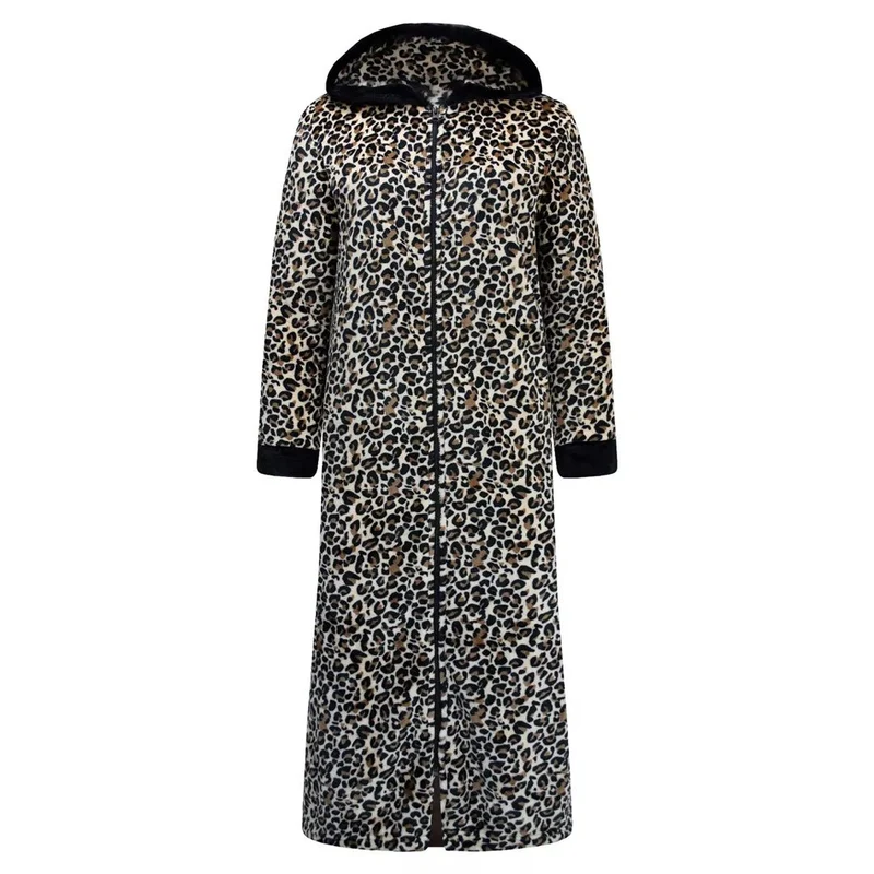Morgonrock Dam med Dragkedja & Luva – Extra Lång Leopard Fleece