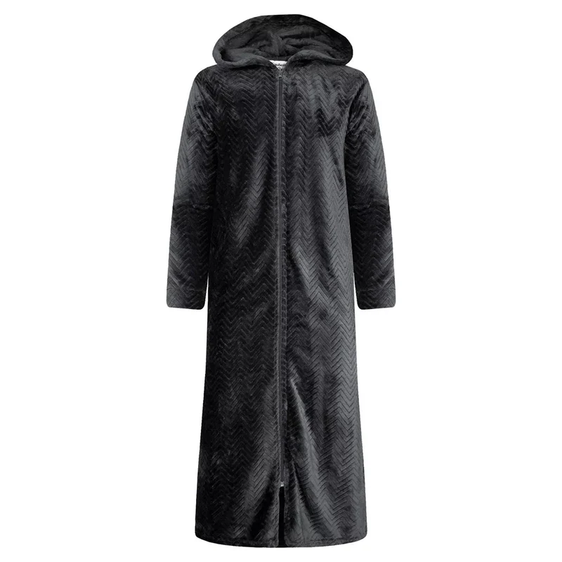 Morgonrock Dam med Dragkedja & Luva – Extra Lång Svart Fleece