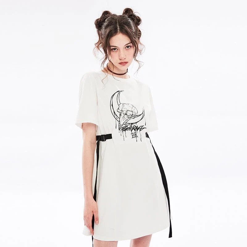 Kvinnors Grunge Skull tryckt Casual T-shirt klänning med remmar