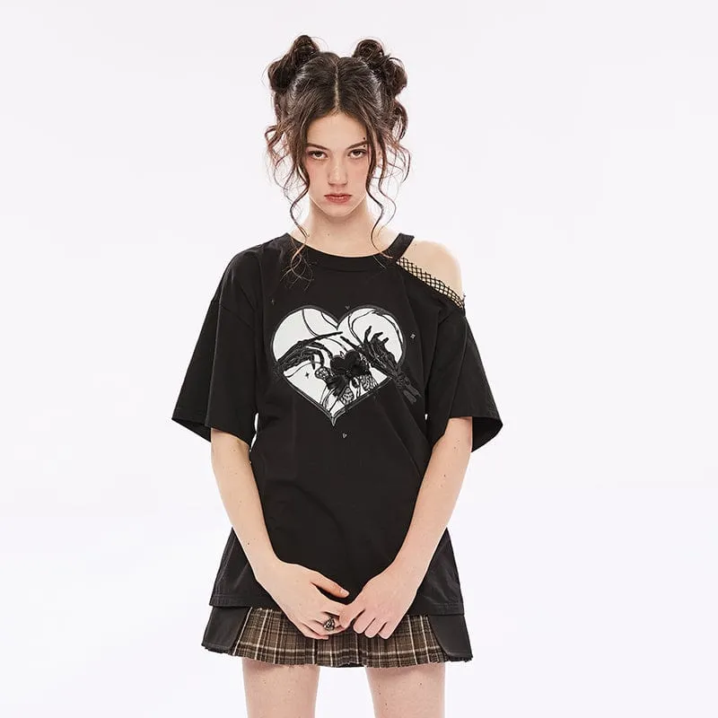 Kvinnors Punk Skull tryckt Slash Shoulder Casual Tee