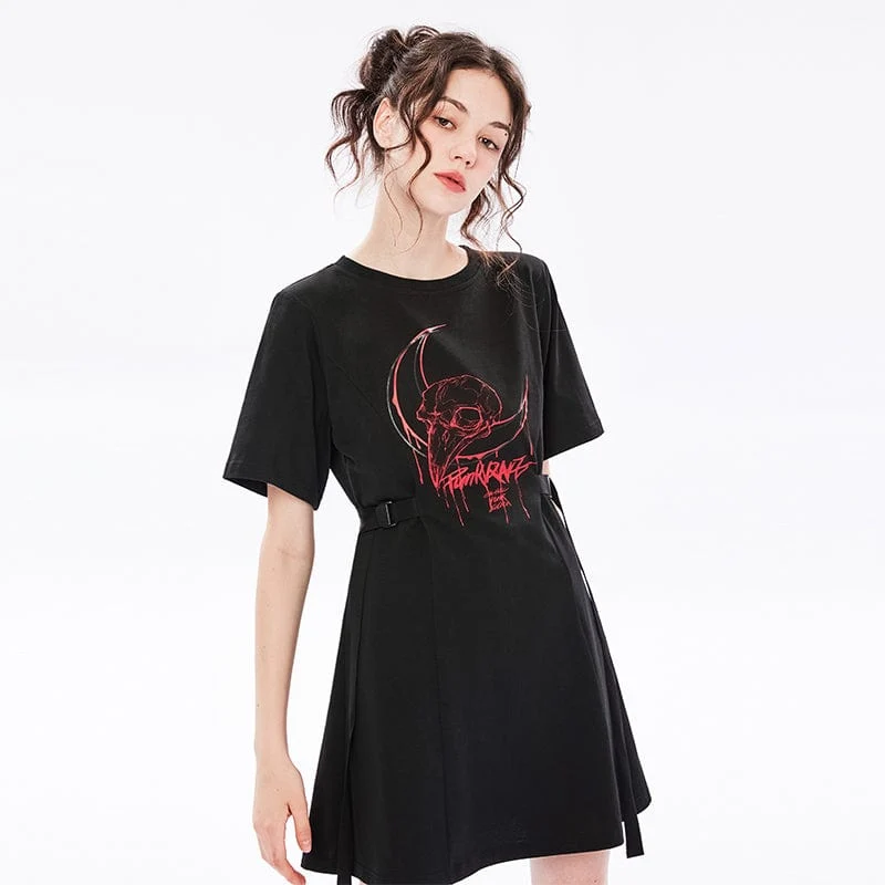 Kvinnors Grunge Skull tryckt Casual T-shirt klänning med remmar
