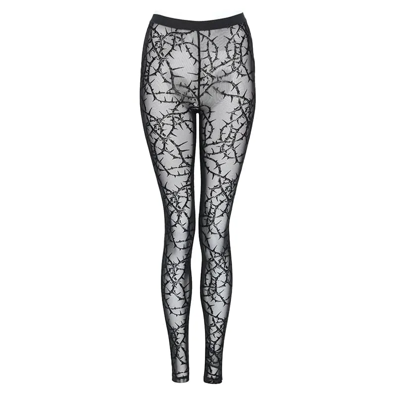 Gotiska leggings med taggiga vinstockar och flockade, skira mesh-detaljer för kvinnor