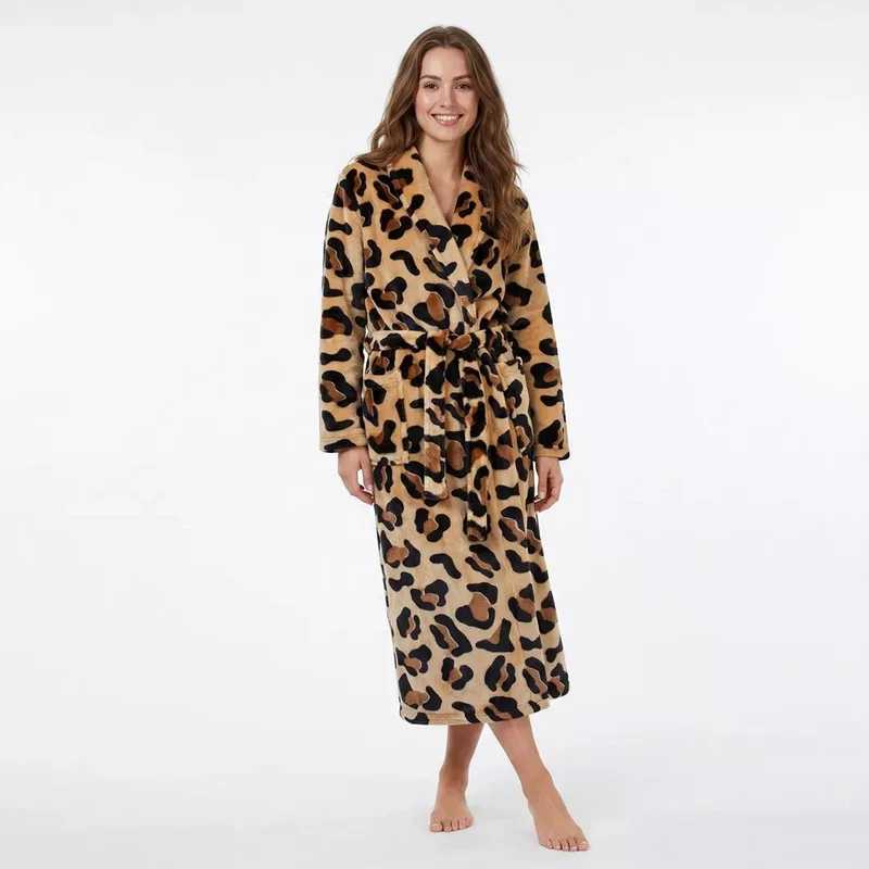 Leopardmönstrad Morgonrock för Dam – Premium Coral Fleece | Gaubert®