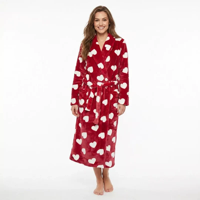 Röd Morgonrock Dam med Vita Hjärtan – Premium Coral Fleece | Gaubert®