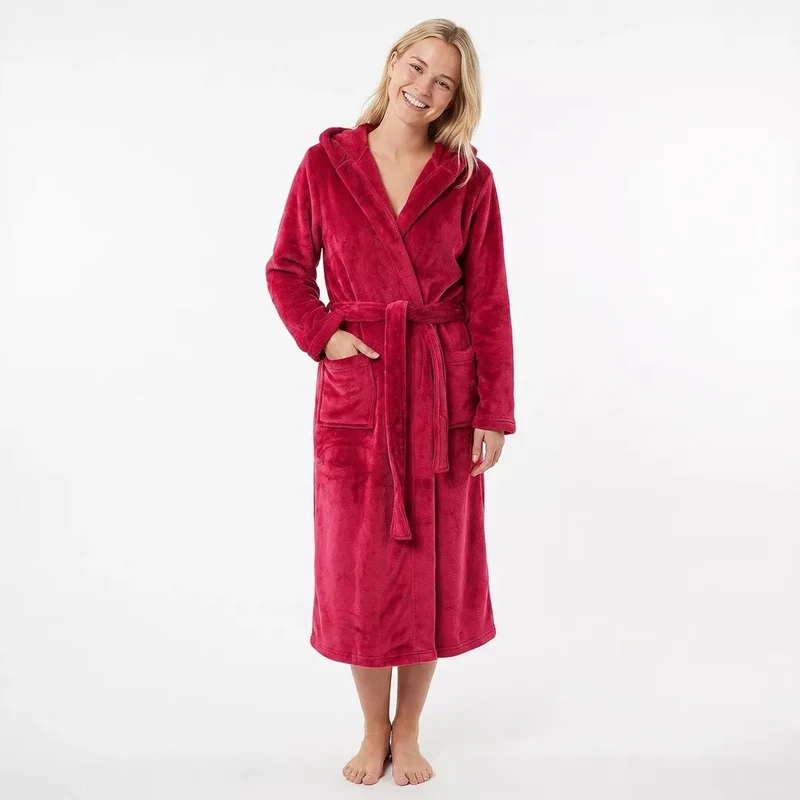 Vinröd Morgonrock i Fleece med Huva Gaubert® – Unisex