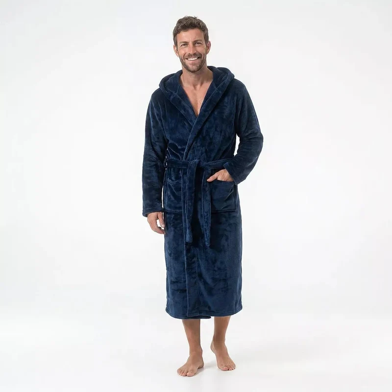Morgonrock Mörkblå i Fleece med Huva Gaubert® – Unisex