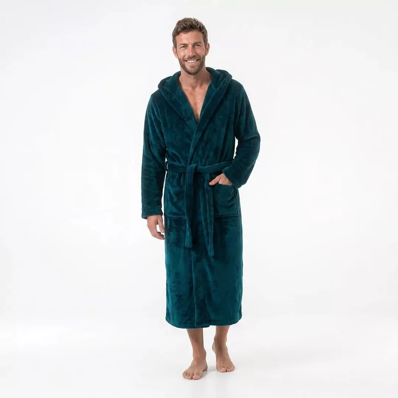 Morgonrock Teal Green i Fleece med Huva Gaubert® – Unisex