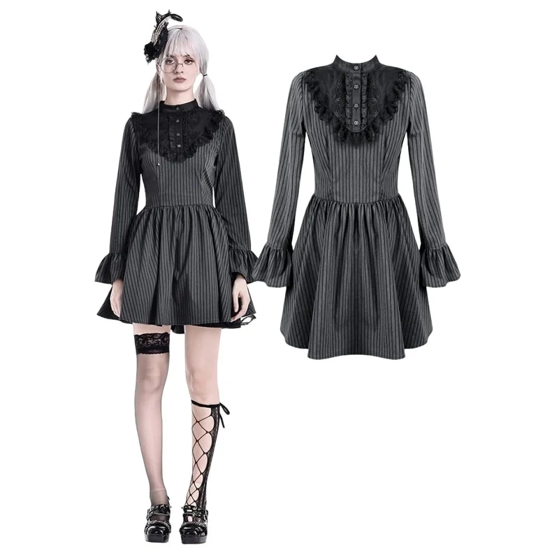Damklänning med gotisk spets, volang, prickig halsringning, långärmad, utsvängd kort klänning, examensklänning