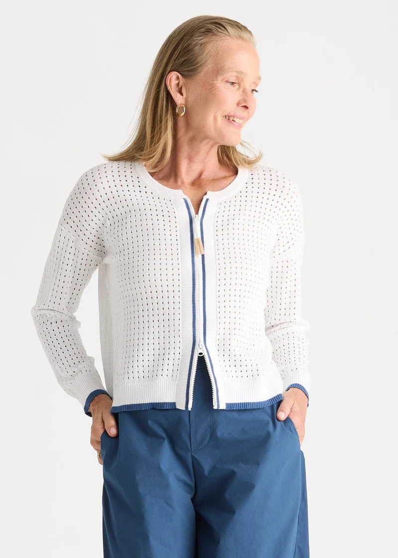 Pointelle Zip Cardi white