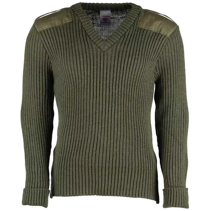 V-Neck Woolly Pully Army Jumper with Patches / Epaulettes Olive Green