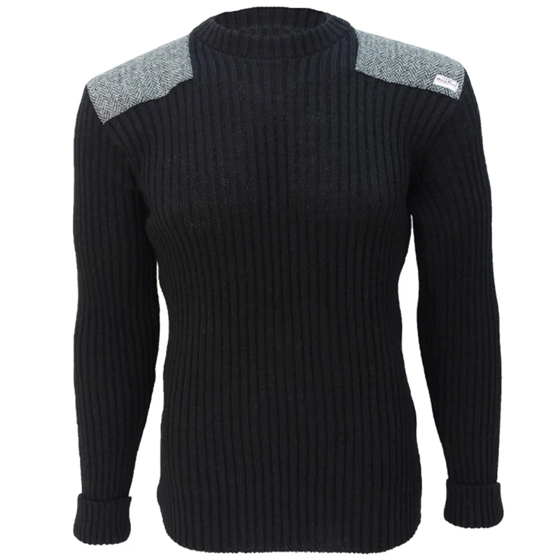 Crew Neck Woolly Pully Jumper with Harris Tweed Patches Black
