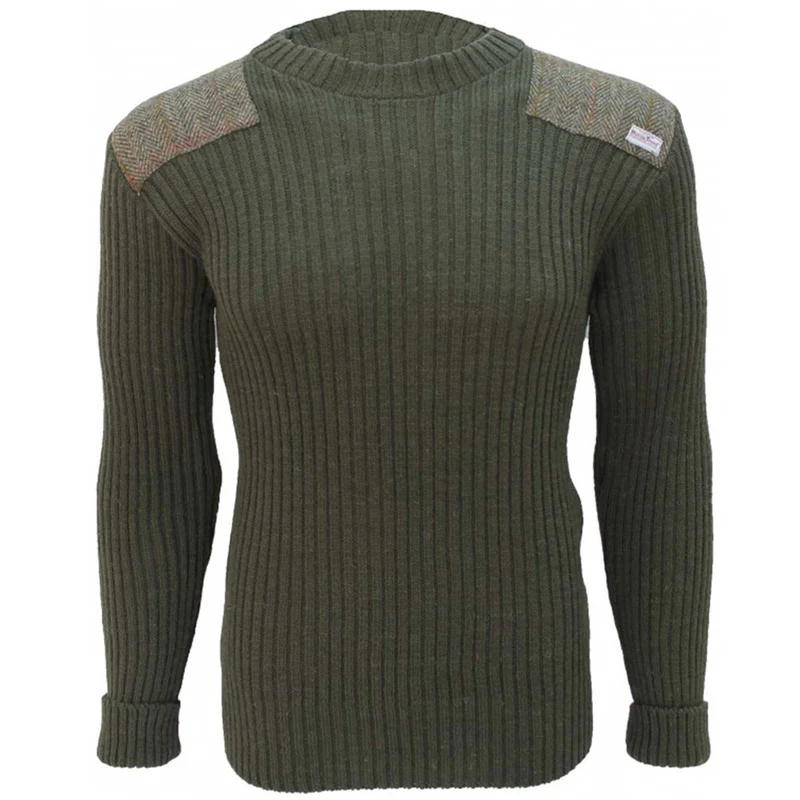 Crew Neck Woolly Pully Jumper with Harris Tweed Patches Olive Green