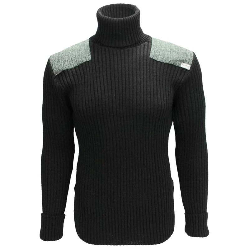 Roll Neck Woolly Pully Jumper with Harris Tweed Patches Black