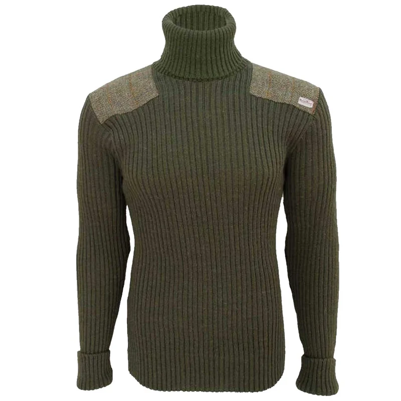 Roll Neck Woolly Pully Jumper with Harris Tweed Patches Olive Green