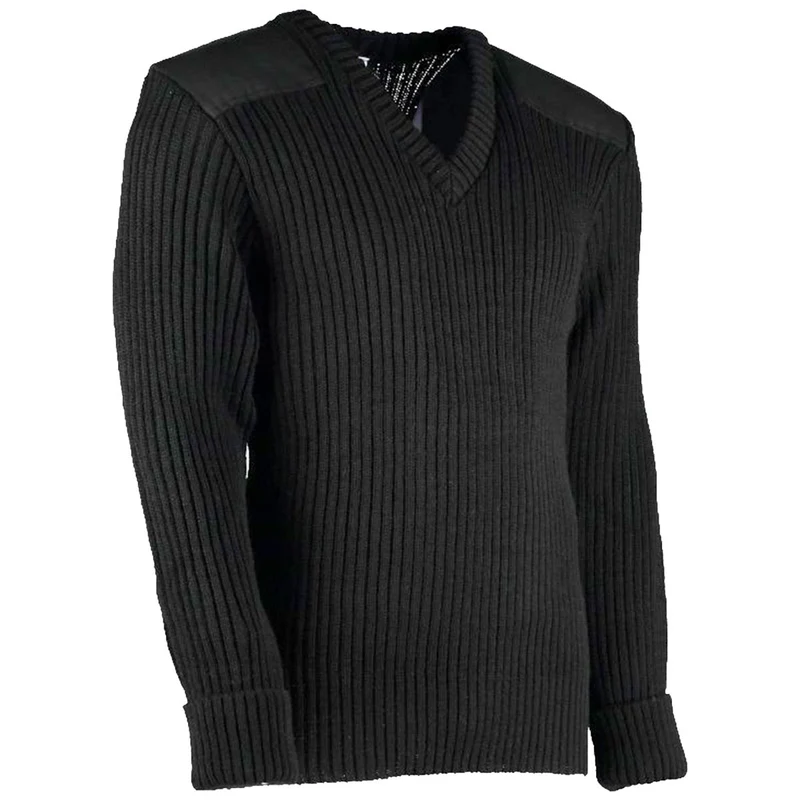 V-Neck Woolly Pully Army Jumper with Patches Black