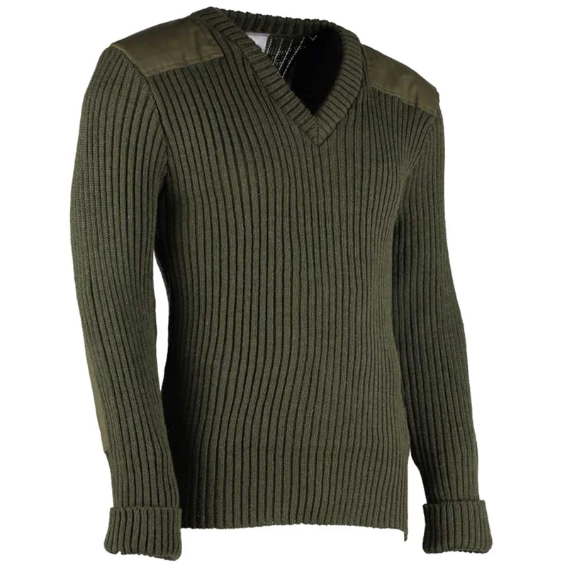 V-Neck Woolly Pully Army Jumper with Patches Olive Green