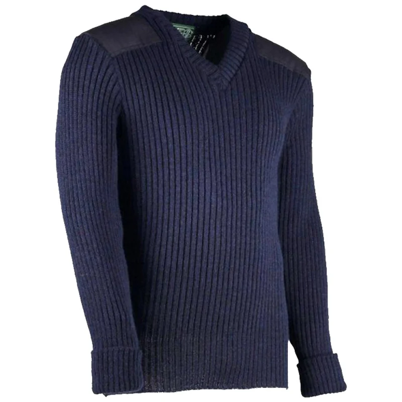 V-Neck Woolly Pully Army Jumper with Patches Navy