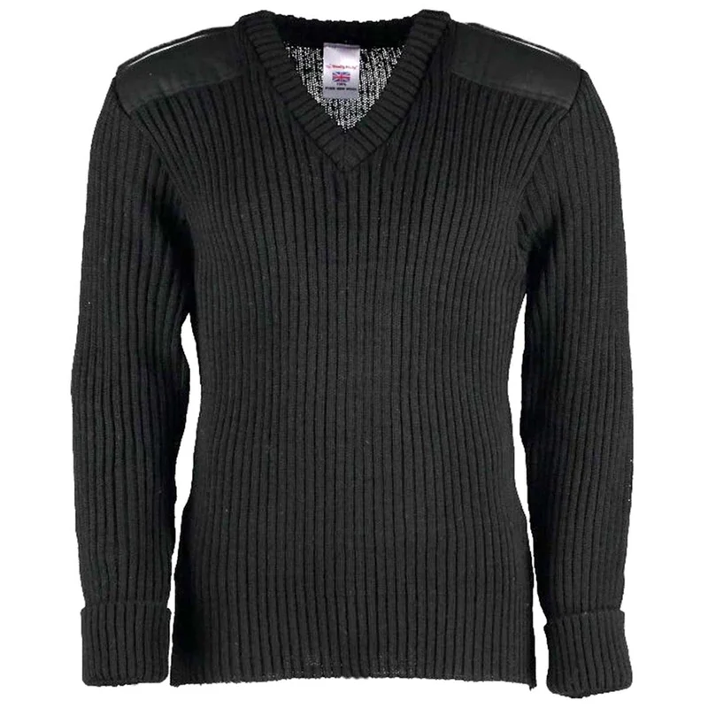 V-Neck Woolly Pully Army Jumper with Patches / Epaulettes Black